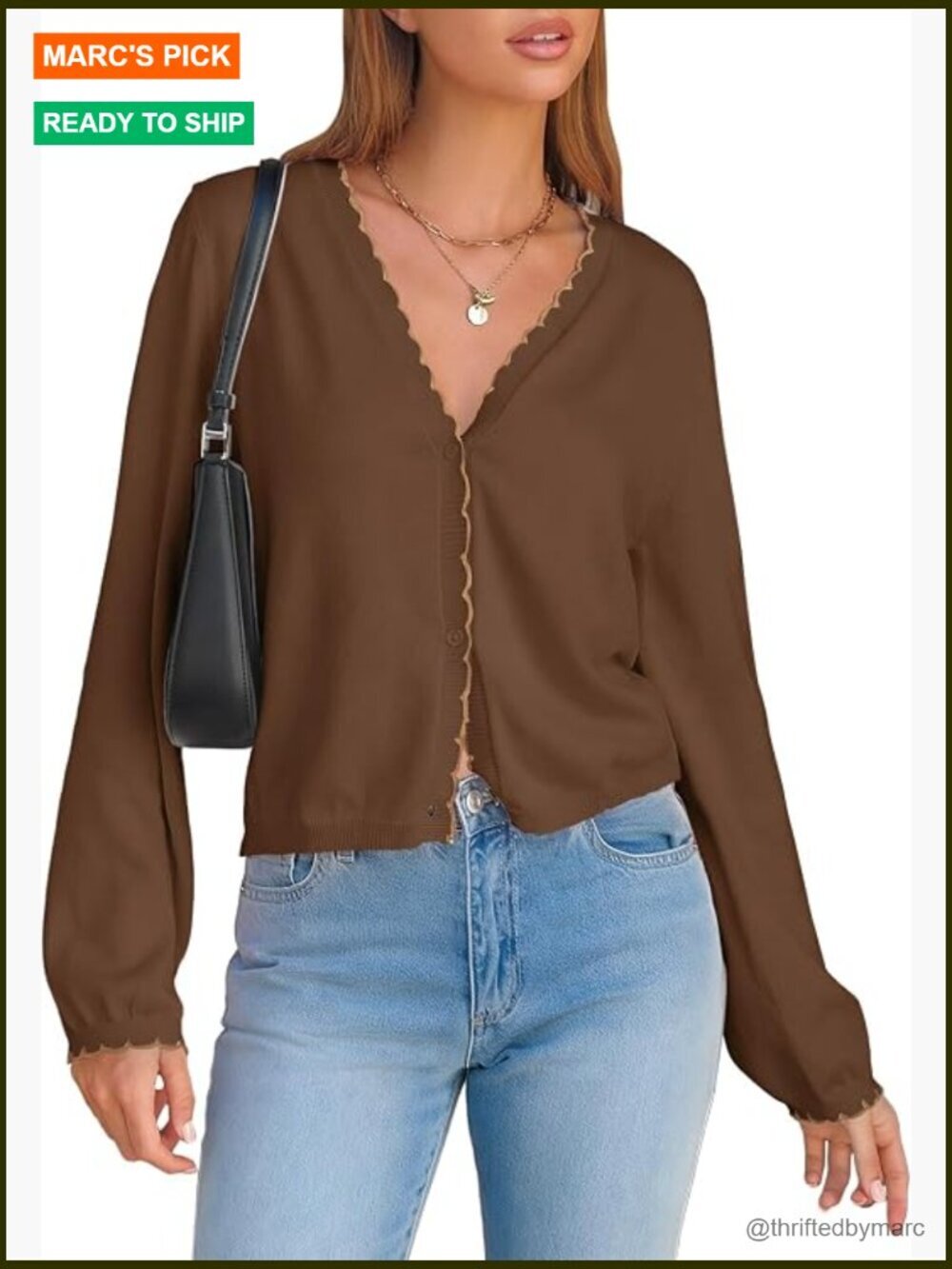 V Neck Cardigan Sweater Long Sleeve Button Down Contrast Trim Lightweight Knit